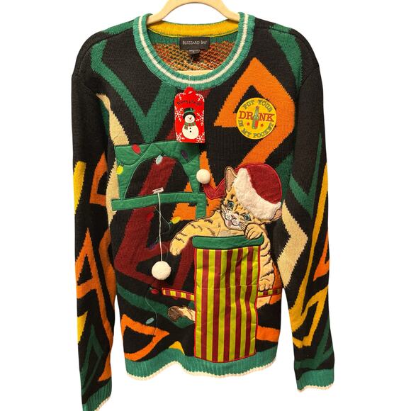 Blizzard Bay Ugly Christmas Sweater XL Santa Cat Drink Pocket Funny Holiday - Picture 1 of 6
